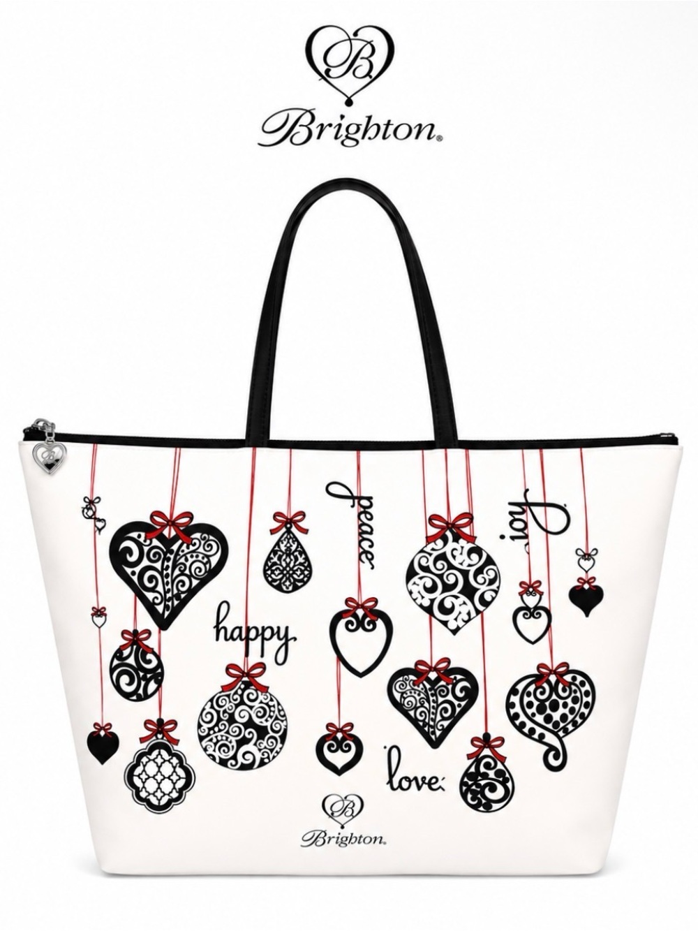 Brighton White Tote with Black Ornament Motif / Red Ribbon Accents Retired